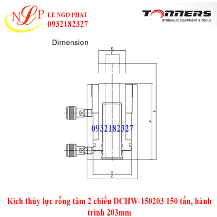 Kích thủy lực rỗng tâm 2 chiều DCHW-150203 150 tấn, hành trình 203mm